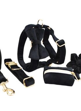 黑色天鹅绒狗项圈宠物项圈牵引绳狗绳狗链子蝴蝶结套装跨境一件发