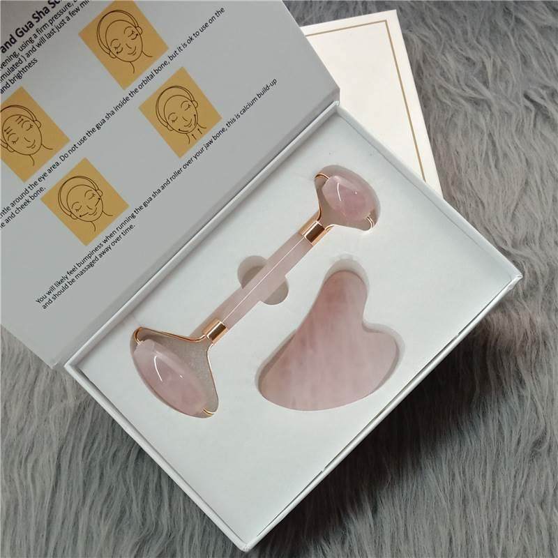 粉晶玉石滚轮按摩器面部脸部美容水晶玉石刮痧板经络拔筋棒套装