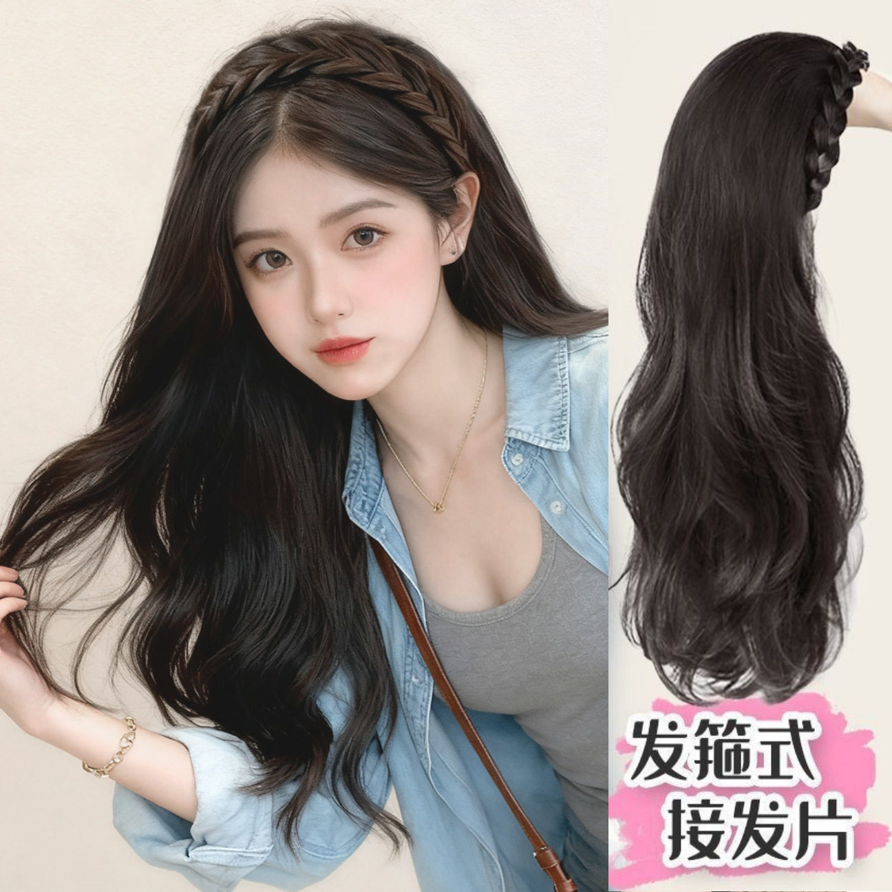 韩系大波浪假发女仿真长卷发鱼骨发箍一体式增发量半头套库存充足