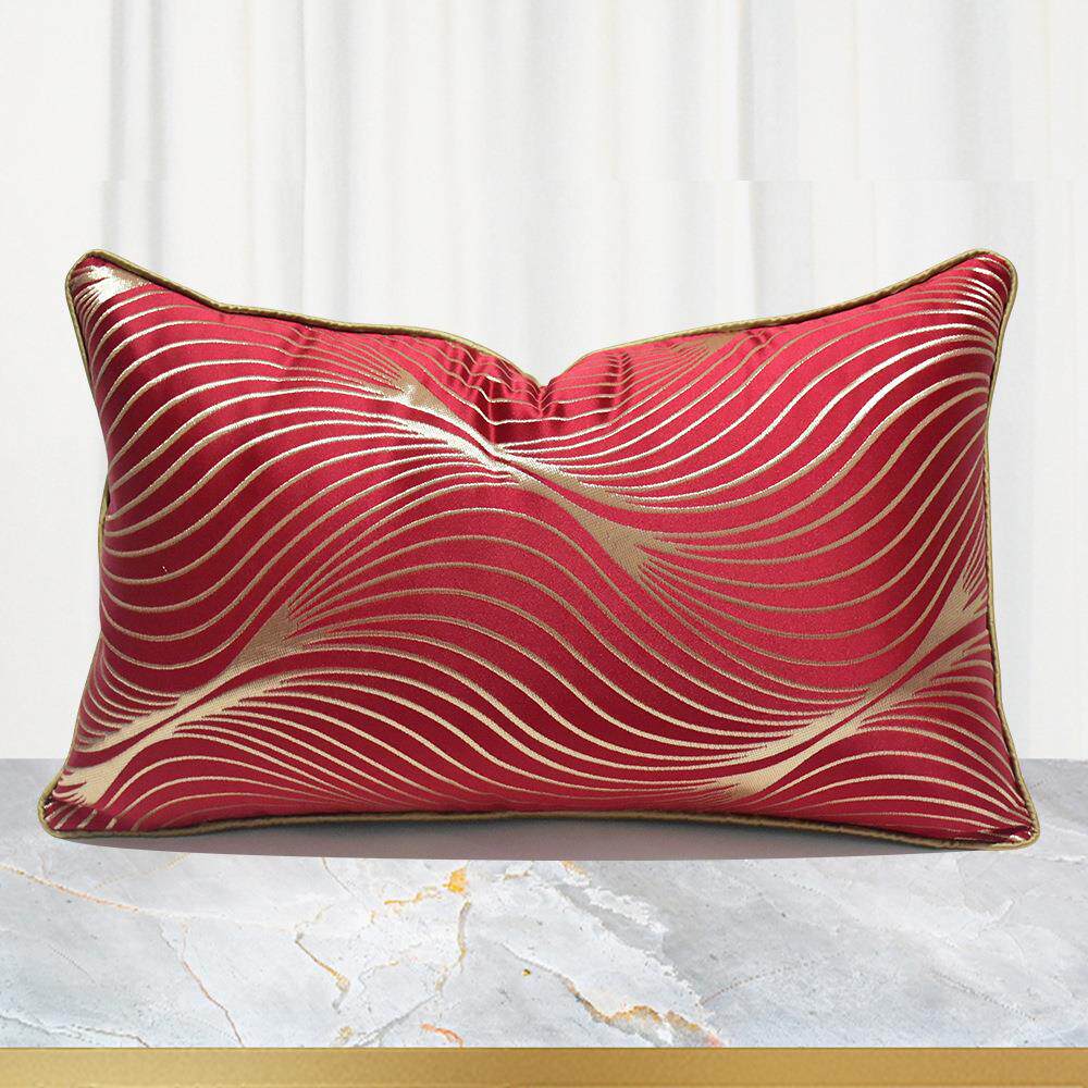 简约现代红色条纹图案长方形腰枕酒店民宿美式轻奢客厅沙发抱枕套