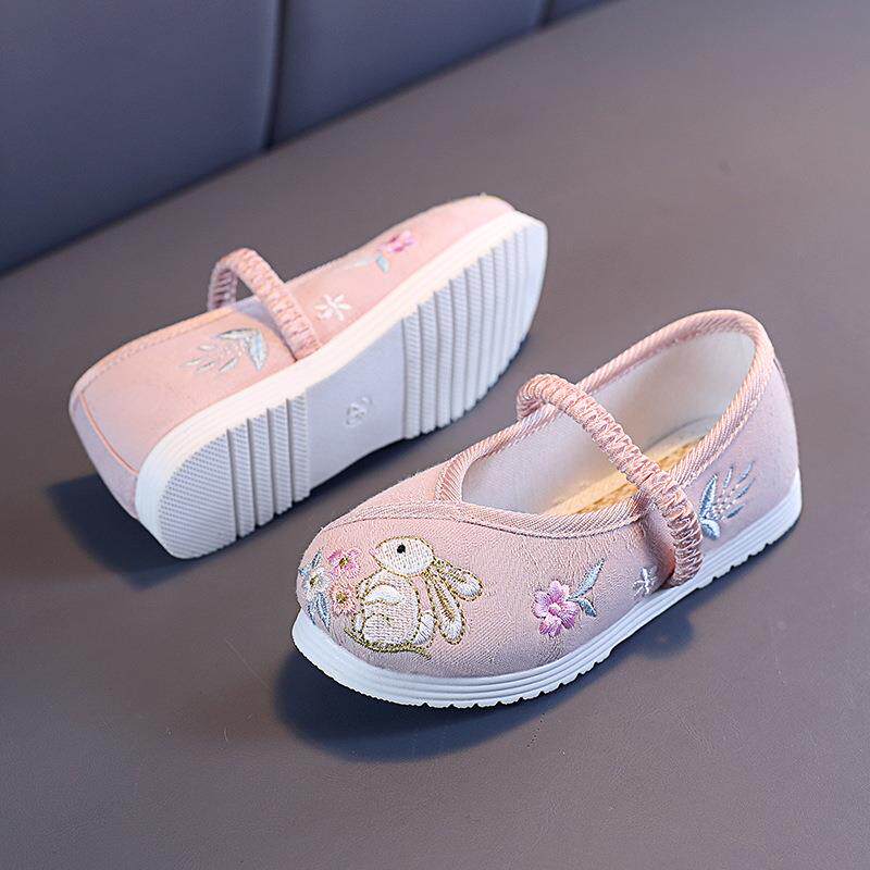 儿童透气汉服鞋子现货粉色棉布宝宝民族鞋复古女童绣花鞋定制