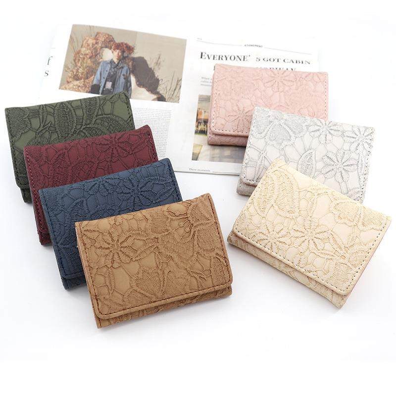 复古仿蕾丝三折包PU精致小巧短款钱包女式卡片零钱包多功能小钱夹