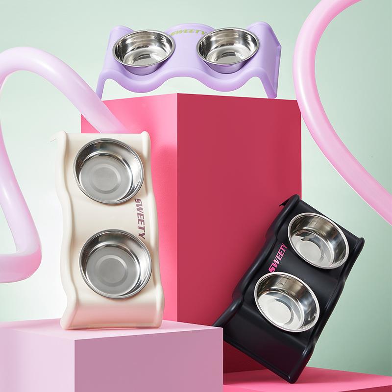 狗狗不锈钢双碗防滑防打翻宠物碗波浪形护颈猫碗大容量狗碗定制