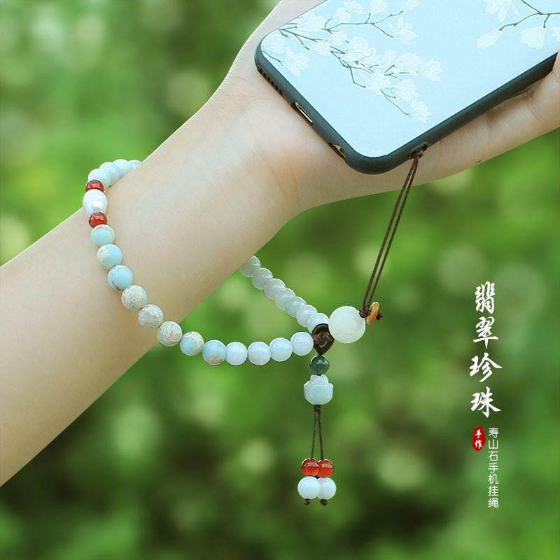 中国风翡翠珍珠莲花手机链挂绳挂饰男女短款个性手腕绳防丢摔挂件