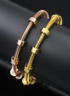 创意不锈钢手饰钛钢镀18k玫瑰金情侣手环六角螺母不锈钢手镯定制