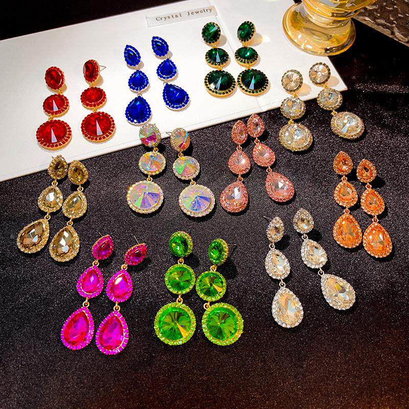 欧美夸张大气超闪水钻宝石耳钉水滴圆圈几何形长款流苏耳环女定制