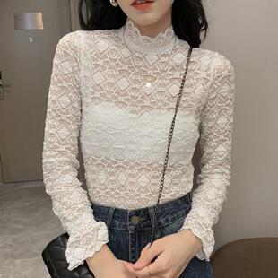女上衣蕾丝衫 2027欧货秋季 菱形花网纱衣打底衫 镂空长袖 定制 新款