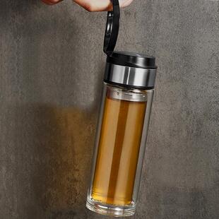 山东厂家吊环透明水杯吊环提绳高硼硅双层玻璃杯 定制广告礼品杯