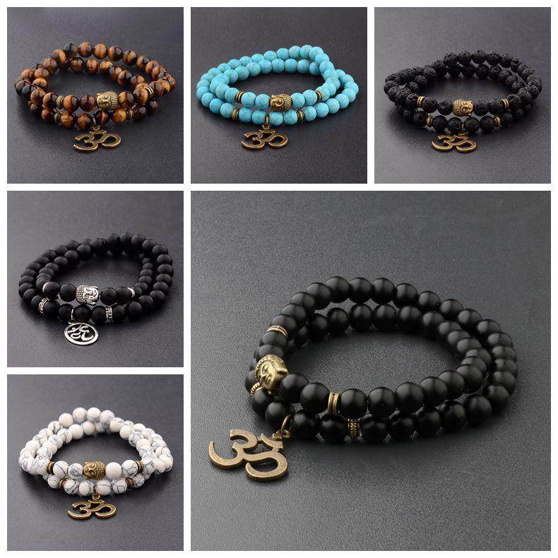 欧美手链民族风手工首饰 合金3d符号吊坠串珠手链 黑磨砂佛头长手