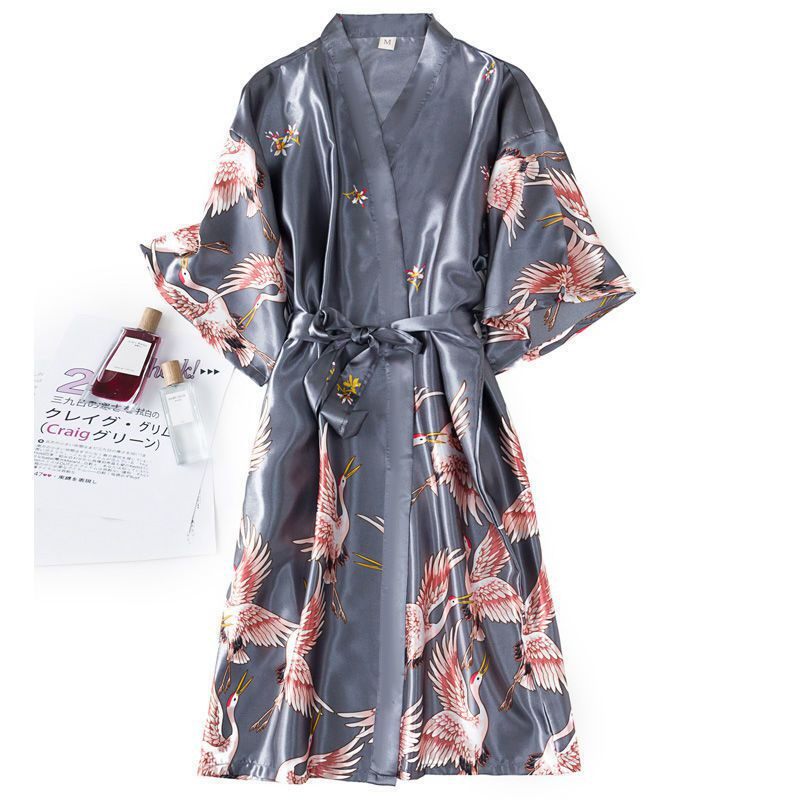 COUPLE PAJAMAS WOMENS SPRING AUTUMN AND SUMMER LONG CRANE NIGHTGOWN MORNING ROBE BRIDE ICE SILK BATHROBE SEXY HOME SERVICE KIMONO