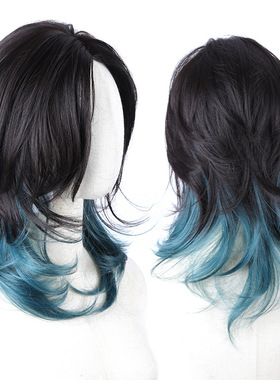 假发中长发狼尾武士头绿色挑染挂耳中分蓬松鲻鱼头男女通用全头套