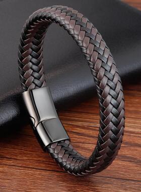 皮绳手链不锈钢皮革编织手镯手链皮手环男士首饰L19132定制