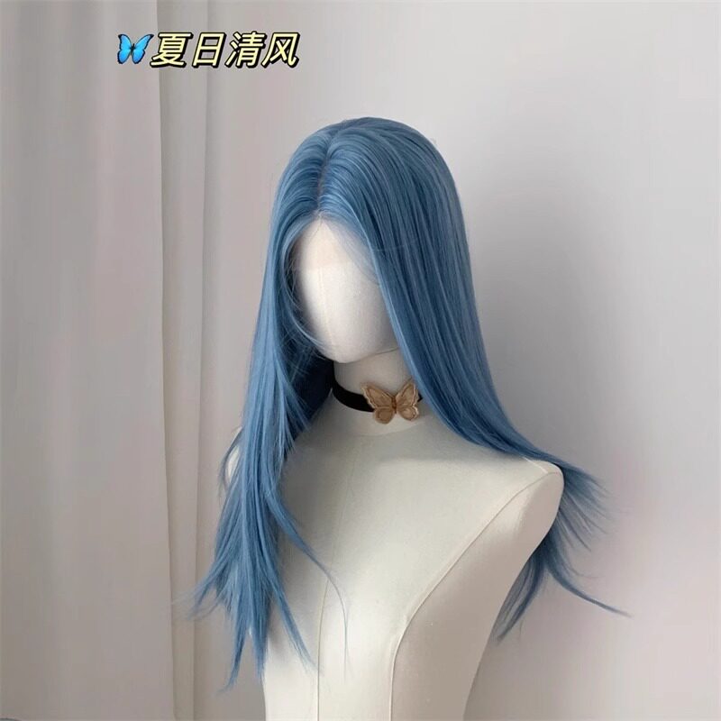 山雾蓝清冷感长直发中分夏季显白ita假发女前额蕾丝可调节全头