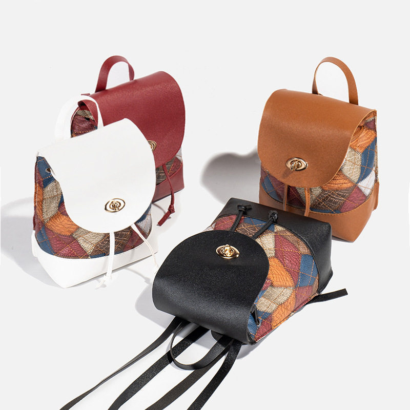 抽绳水桶双肩包搭配手拿零钱包撞色菱形小背包女士手提单肩包