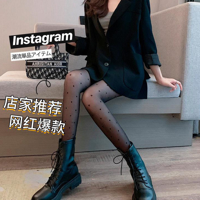 夏季薄透款爱心圆点植绒黑丝女袜波点透气塑形美腿打底连裤袜