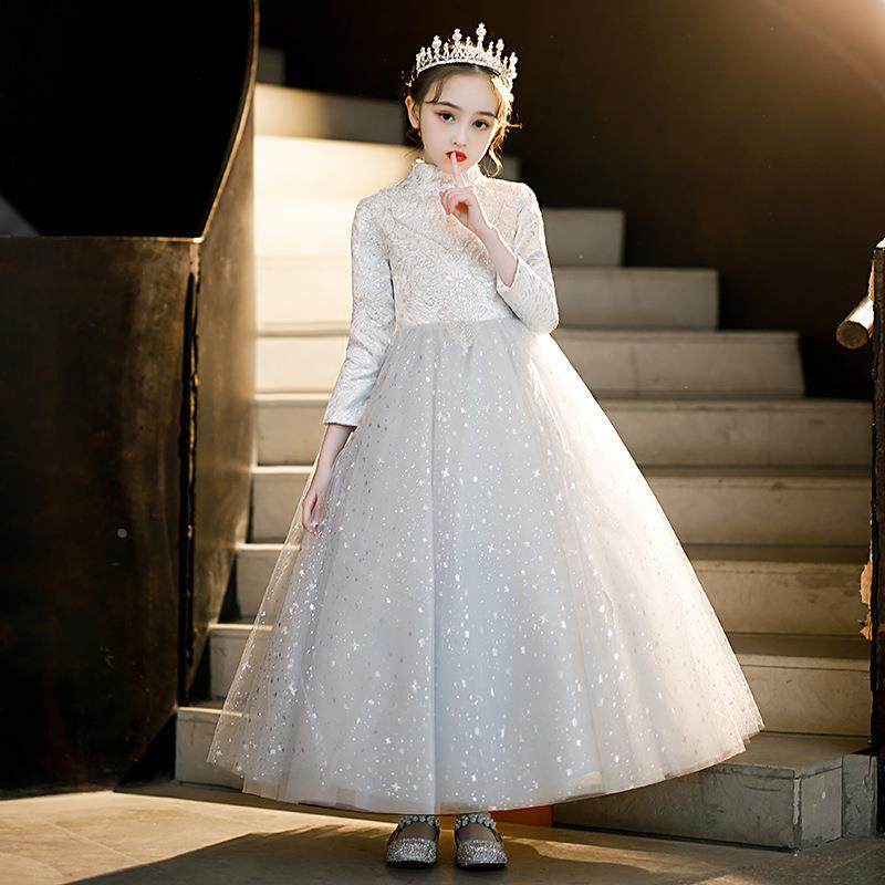 2027春季新款女童走秀礼服小女孩加厚灰色蓬蓬纱裙钢琴演奏礼服裙