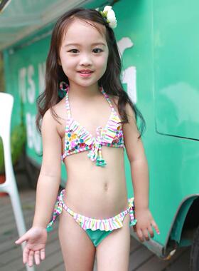 蓝色花朵系带比基尼儿童泳衣宝宝小中童女孩可爱分体泳装温泉度假