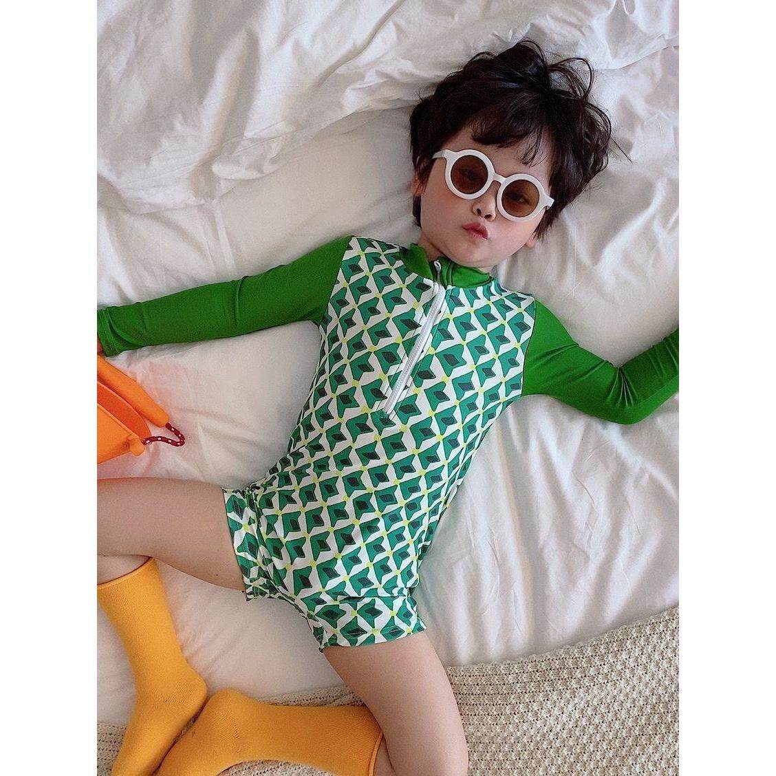 韩国儿童夏季泳衣洋气男女童绿色长袖连体防晒泳装ins宝宝游泳衣