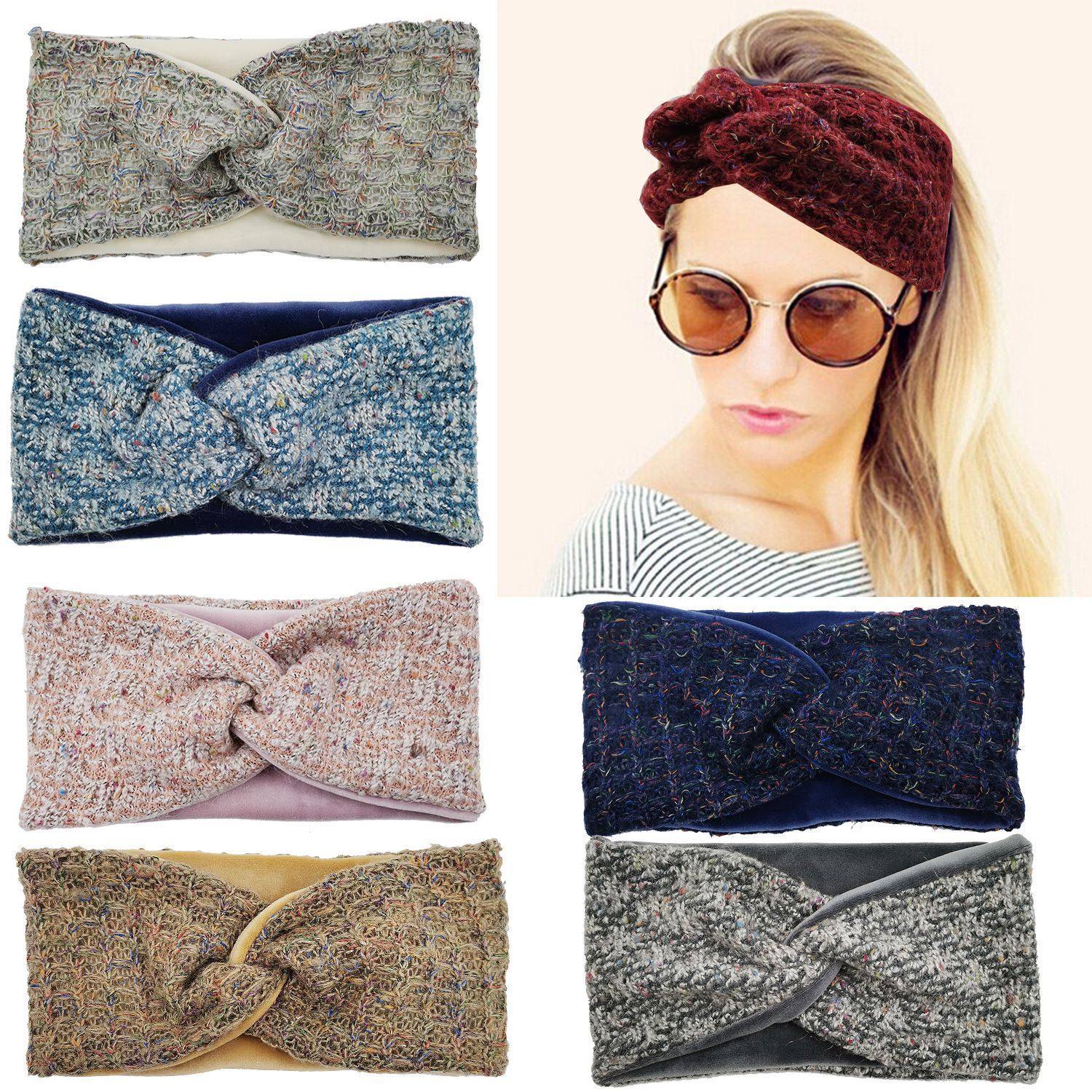 欧美秋冬新款毛线针织交叉发带女士简约宽边双层拼接头带发饰头巾