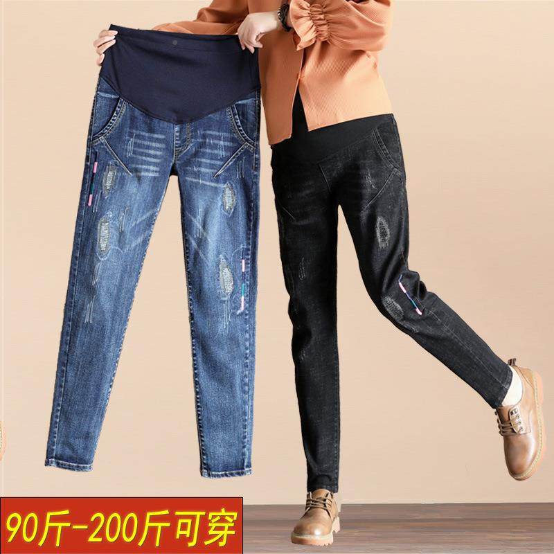 新款春秋冬装加绒加厚孕妇牛仔裤外穿休闲裤大码托腹裤打底长裤子