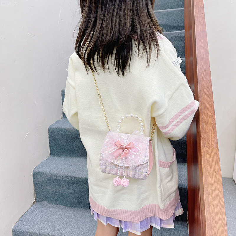 儿童时装包2025秋冬新款棉麻呢子小香风蝴蝶结手提女童斜挎包