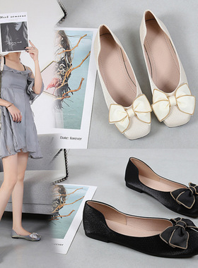 大码女鞋41-44宽脚平底单鞋女 2027新款蓝色蝴蝶结浅口软底方头鞋