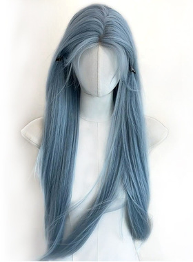 冰川蓝屿前额蕾丝低饱和度蓝色长直分缝假发仿真发丝整顶头套假发