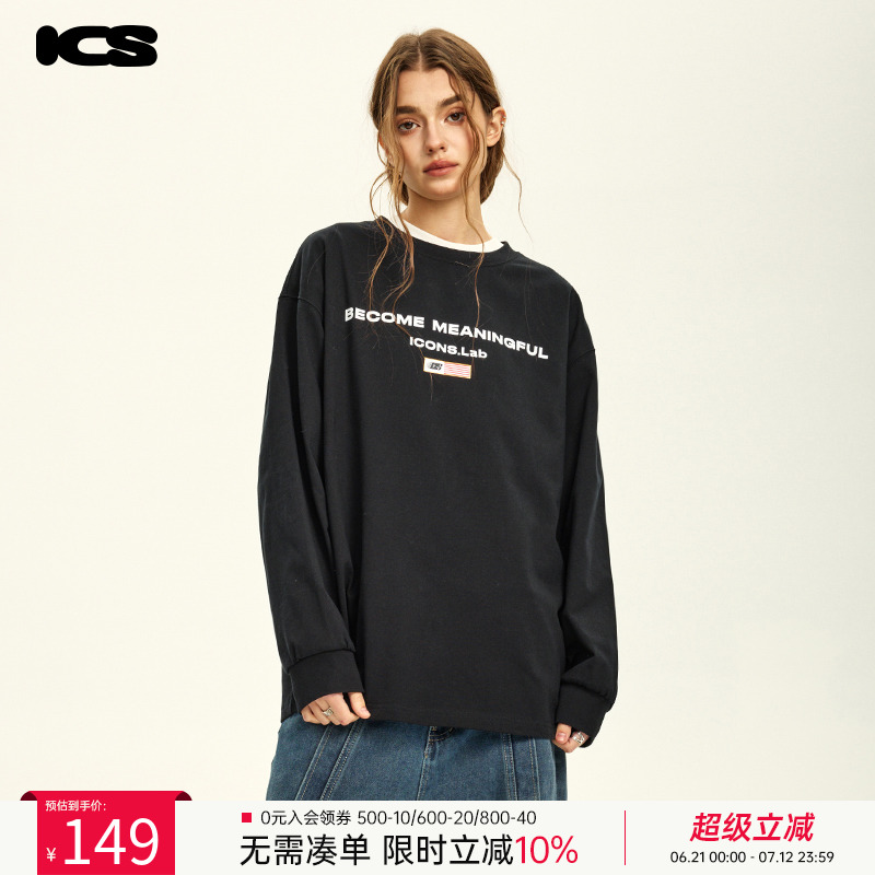 ics丨iconslab胶印字体旗帜长袖T恤宽松百搭打底衫男女2024春季潮
