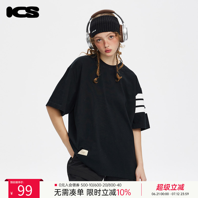 ics简约条纹分割短袖T恤