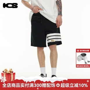 宽松直筒五分裤 情侣卫裤 夏 男女同款 ICONSLAB条纹分割贴布运动短裤