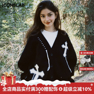 十字提花毛衣男女同款 iconslabV领针织开衫 ics 潮 张云雷同款