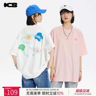 半袖 圆领短袖 体恤夏 iconslab手绘花朵字母印花T恤男女情侣装 ics