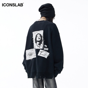 iconslab人像圆领情侣卫衣复古国潮秋长袖 ics 男 秦霄贤同款
