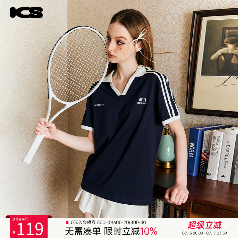 ics丨iconslab撞色刺绣条纹织带运动翻领短袖Polo衫简约休闲T恤女