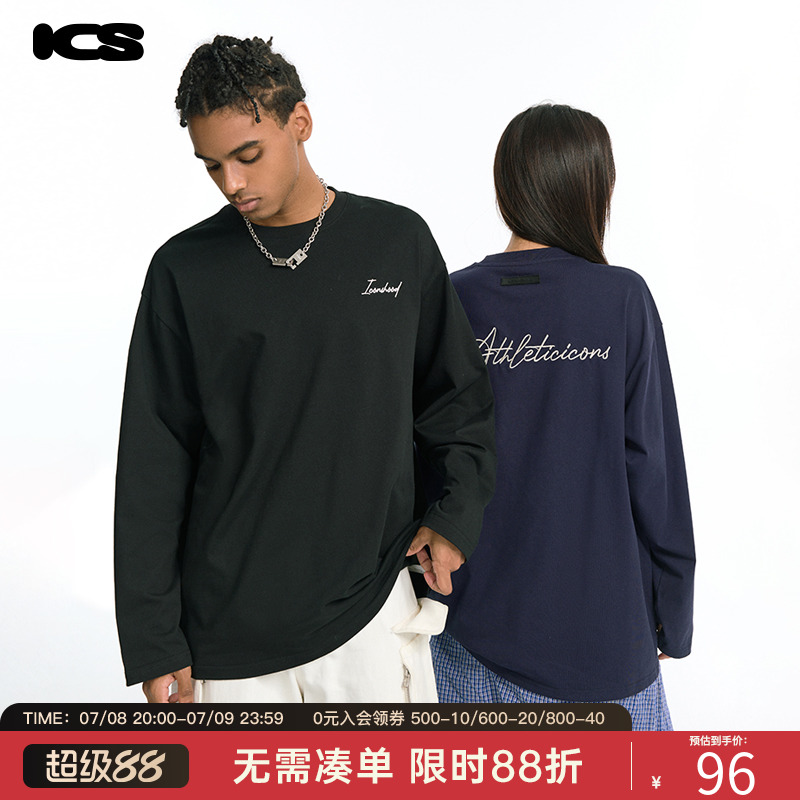 ics丨iconslab撞色手写字体长袖T恤圆领宽松情侣tee2024年秋款
