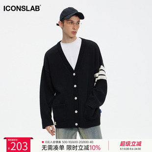 男 ics iconslab条纹开衫 毛衣V领宽松上衣外套秋基础情侣款 针织衫