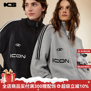 毛衣百搭休闲情侣针织衫 ics iconslab提花刺绣徽章立领条纹开衫