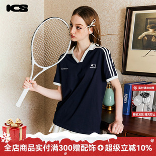 简约休闲T恤女 Polo衫 ics iconslab撞色刺绣条纹织带运动翻领短袖