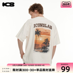 T恤夏 男情侣装 复古潮牌短袖 ICONSLAB夏日椰林海滩度假风美式