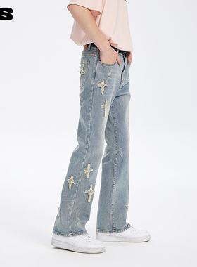 【夏之光同款】ics丨iconslab十字星微喇裤做旧牛仔裤设计感裤子