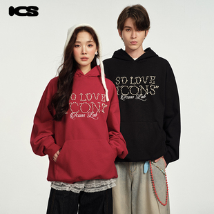 ics 外套 iconslab连帽纯棉卫衣2024秋冬花体字母钉珠情侣男女款