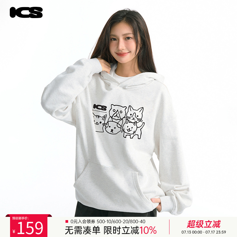 ics丨iconslab猫咪连帽卫衣2024年新线条手绘宽松套头情侣款外套