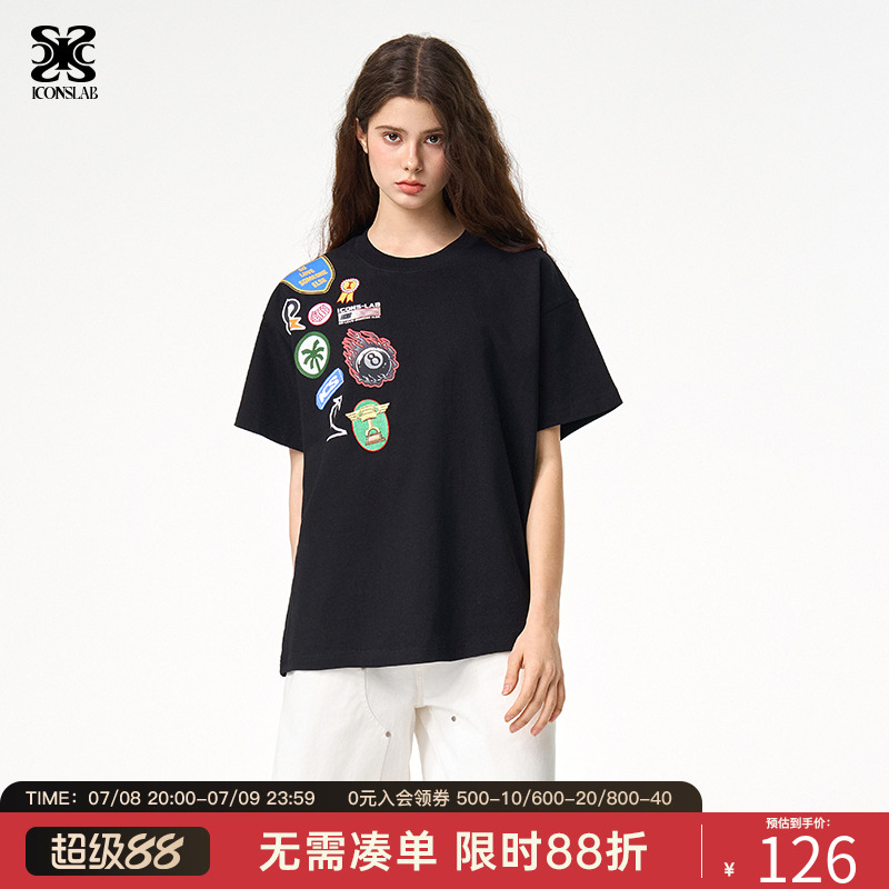 ics丨iconslab彩色徽章植绒印花短袖T恤