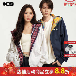 ics丨iconslab格纹连帽开衫情侣秋卫衣重磅美式复古宽松情侣上衣