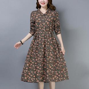 碎花连衣裙长秀秋装新款棉麻口袋收腰翻领妈妈大码女装中老年群子