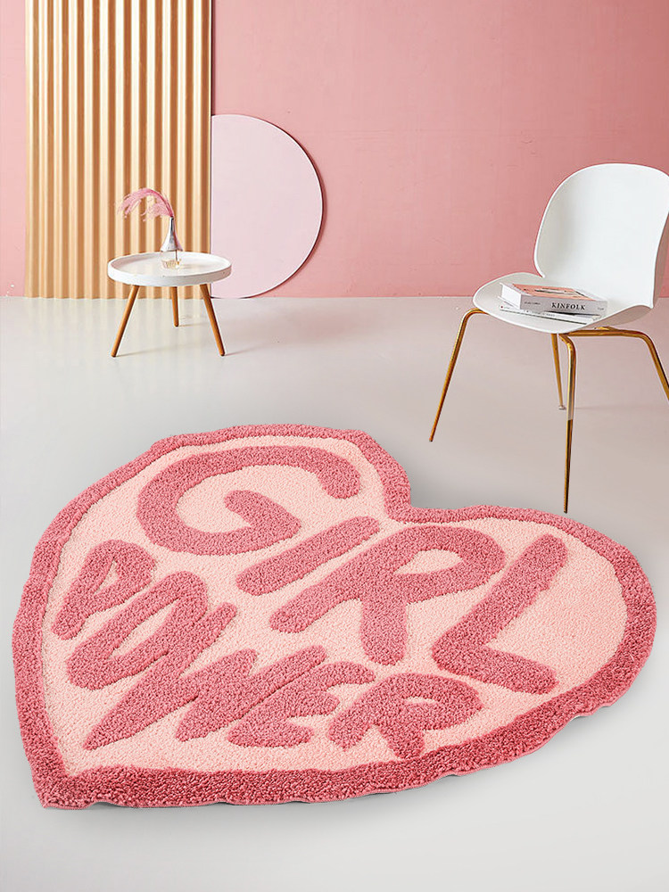 字母Girl Power心形簇绒地毯客厅女孩卧室衣帽间家用毛绒浴室地垫