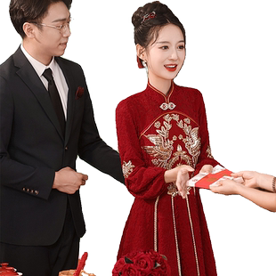 敬酒服新娘高级感小个子订婚礼服长袖中式旗袍回门便装红色秀禾裙