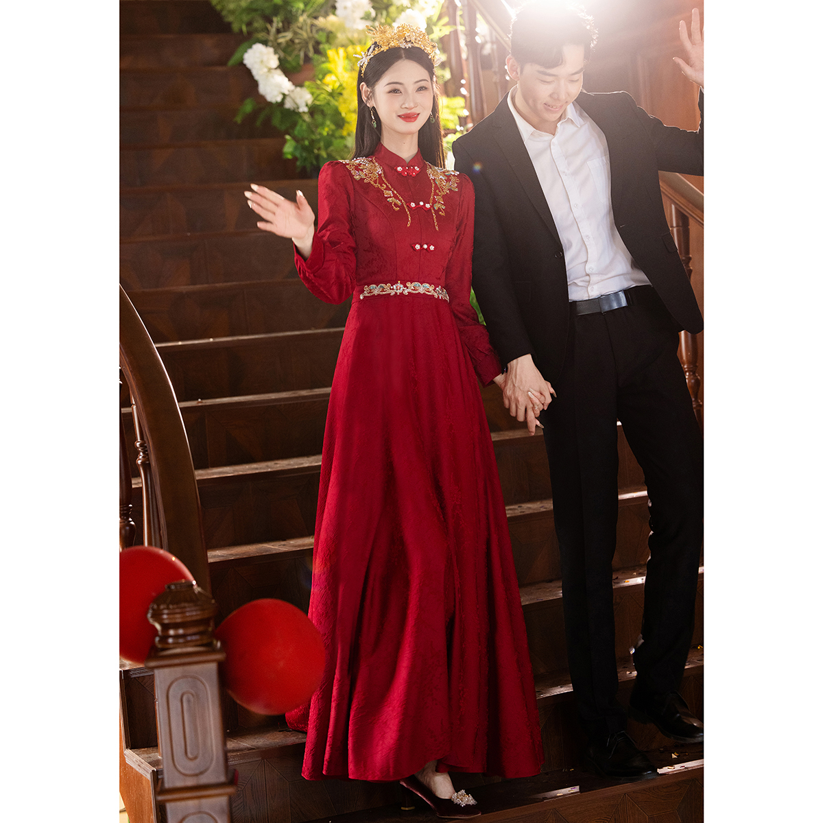 新中式旗袍敬酒服新娘酒红色结婚回门便装长袖2025新款订婚礼服裙