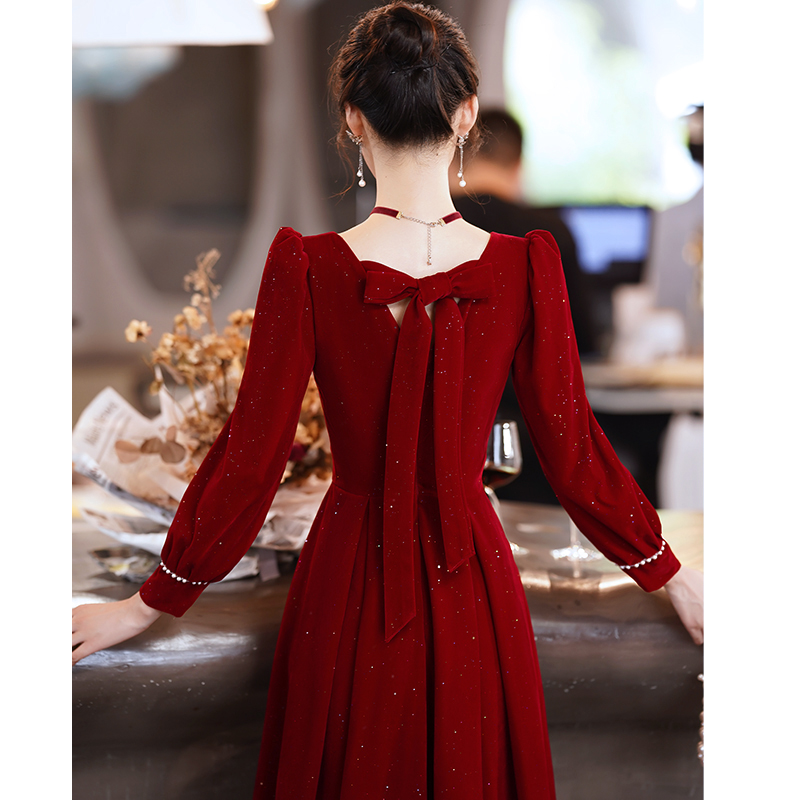 秋冬丝绒订婚敬酒服长袖礼服裙