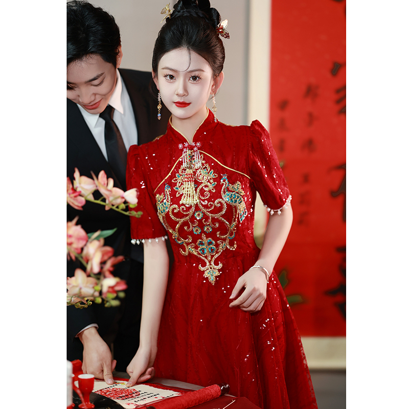 红色旗袍敬酒服小个子新娘订婚服